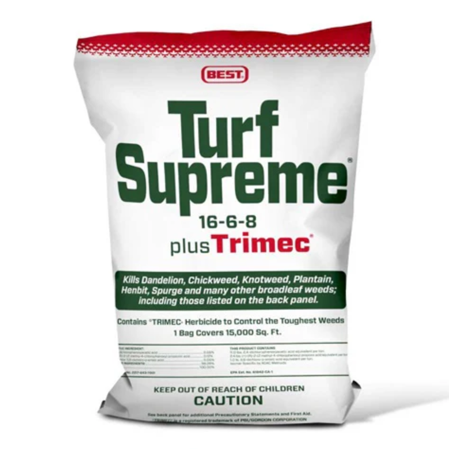 Bag of Turf Supreme fertilizer with Trimec herbicide on a white background