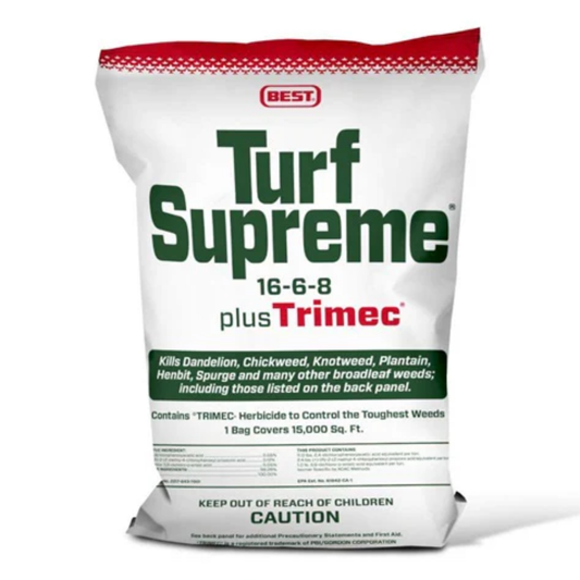 Bag of Turf Supreme fertilizer with Trimec herbicide on a white background