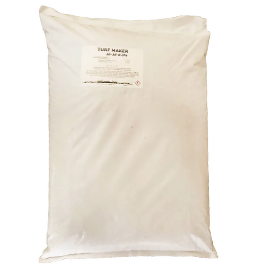 White bag labeled 'Turf Maker' on a white background