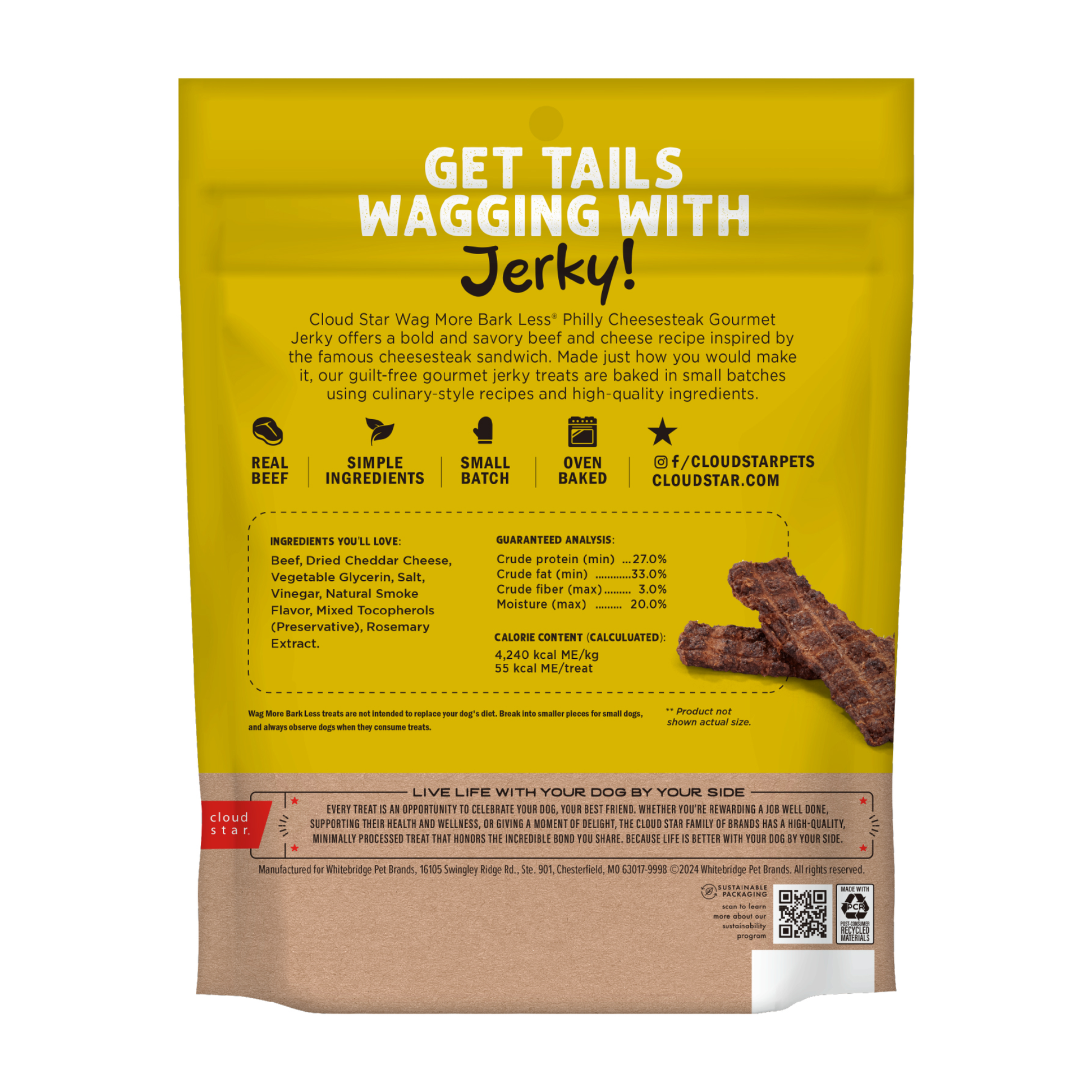 Yellow and brown package of Cloud Star Wag More Bark Less Philly Cheesesteak Gourmet Jerky with text and a jerky stick on a white background.