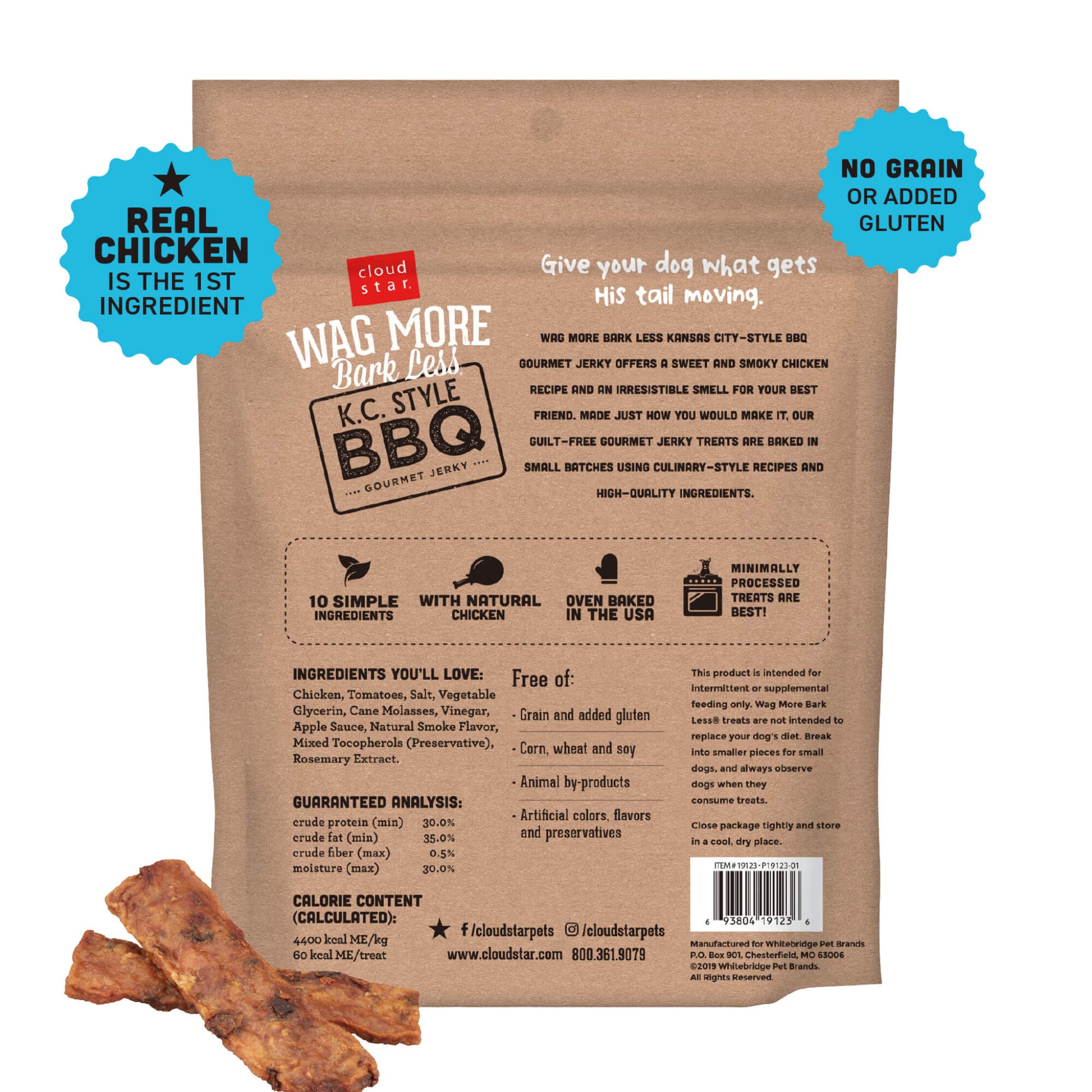 Back of Wag More Bark Less BBQ dog treat bag on a white background.