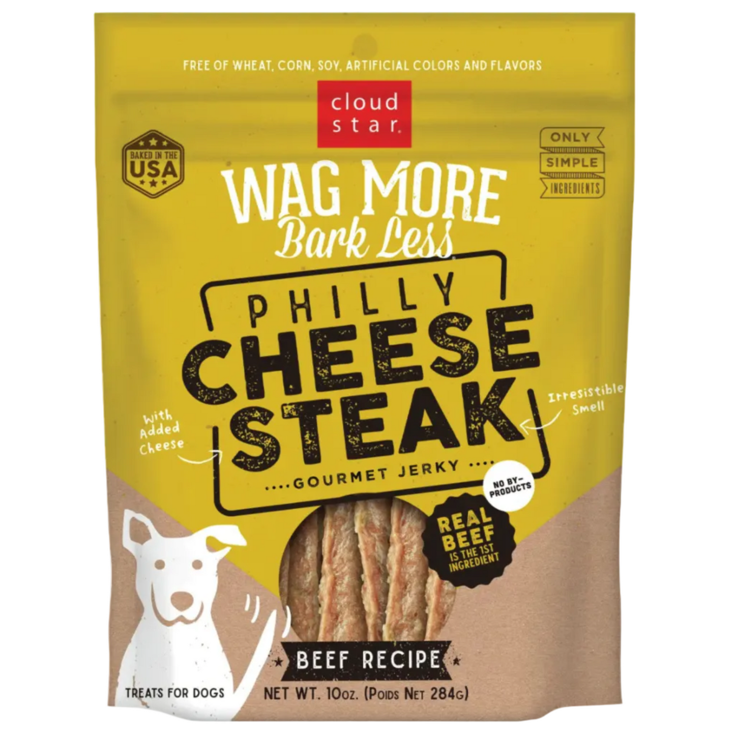 Dog treat package for 'Wag More Bark Less' Philly cheese steak with cloud star branding.