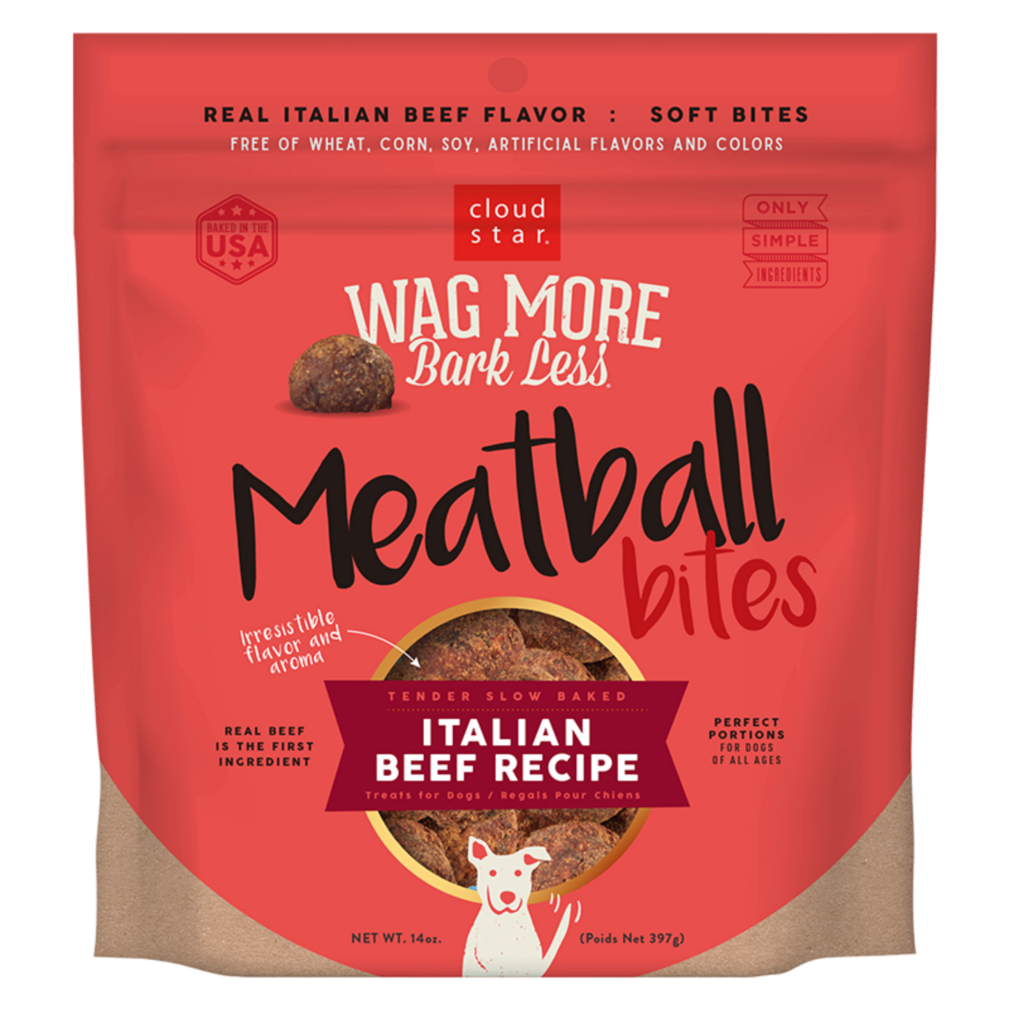 A package of Cloud Star Wag More Bark Less Italian Beef Recipe Meatballs for dogs, which are soft and made with real beef, sweet potatoes, carrots, and flaxseeds.