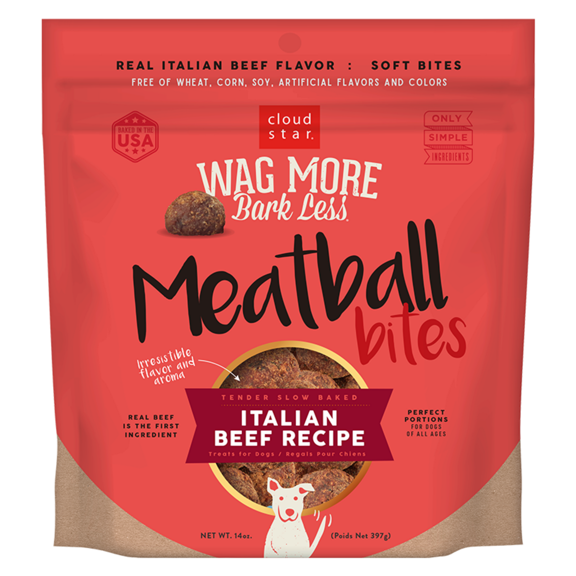 A package of Cloud Star Wag More Bark Less Italian Beef Recipe Meatballs for dogs, which are soft and made with real beef, sweet potatoes, carrots, and flaxseeds.