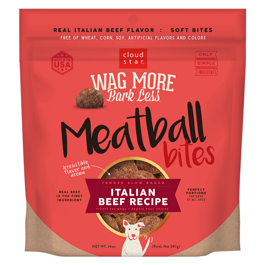 A package of Cloud Star Wag More Bark Less Italian Beef Recipe Meatballs for dogs, which are soft and made with real beef, sweet potatoes, carrots, and flaxseeds.