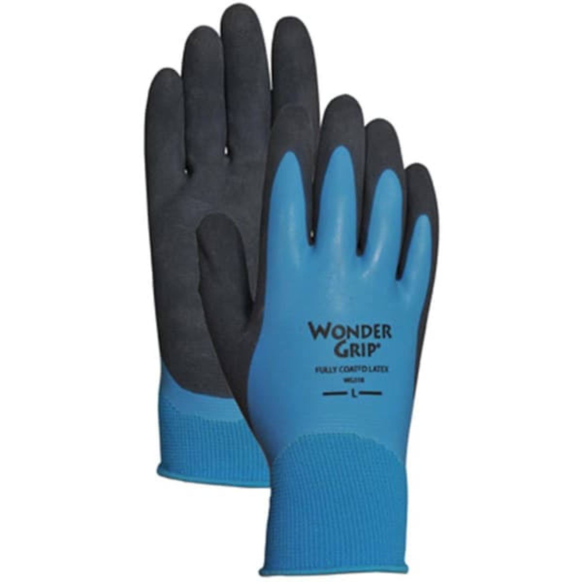 Pair of blue and black Wonder Grip gloves on a white background
