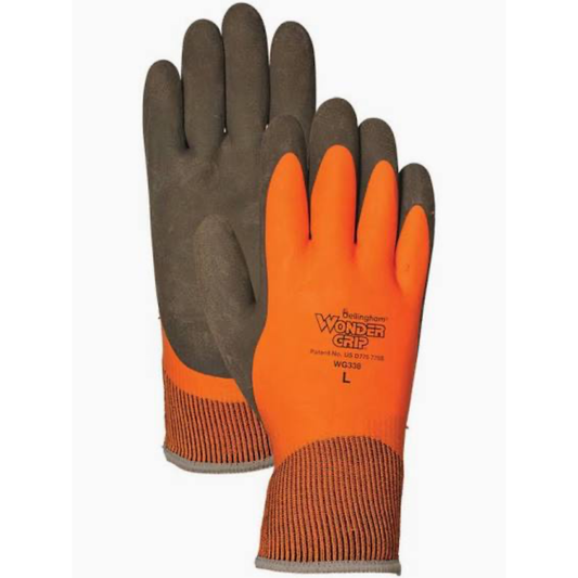 Pair of orange and brown work gloves with 'Wonder Grip' branding on a white background