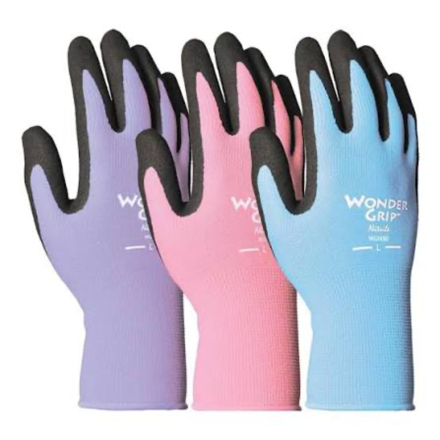 Three pairs of Wonder Grip gloves in purple, pink, and blue on a white background.