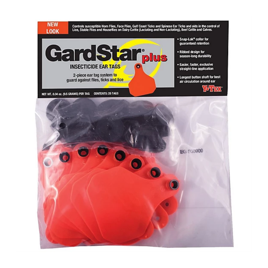 GardStar Plus insecticide ear tags packaging with red and black tags inside.
